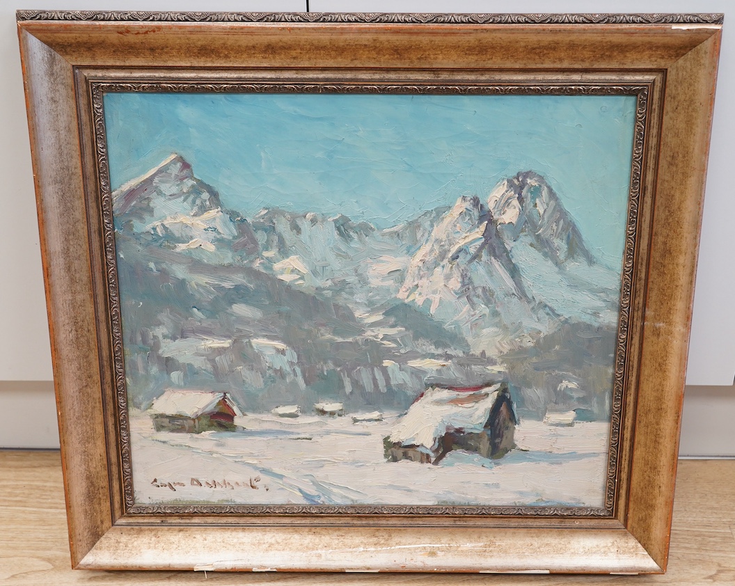 Impressionist oil on canvas, Alps scene with chalets, indistinctly signed lower left, 47 x 54cm. Condition - canvas good, frame damaged